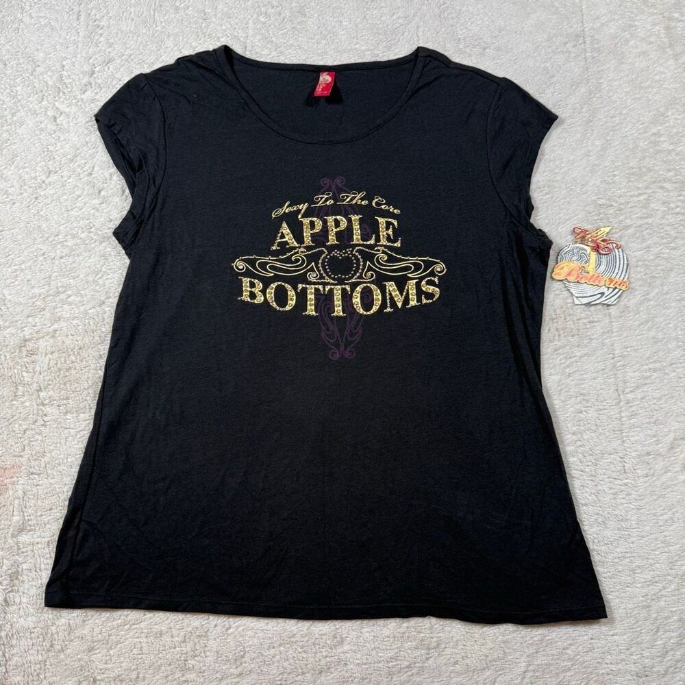 NWT Apple Bottoms Black Rhinestone Logo Tee Y2K Glam Baddie Top Shirt
